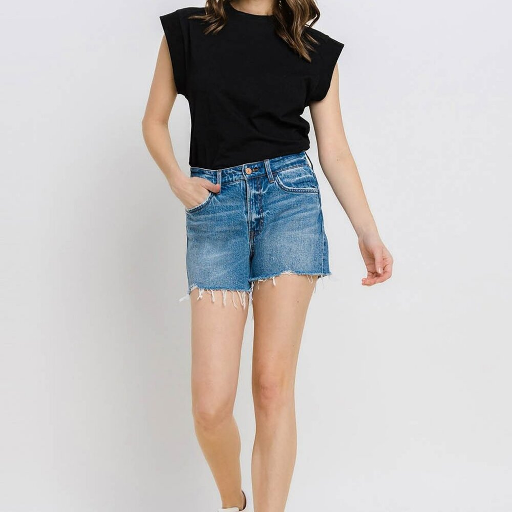 NWT Vervet by Flying Monkey High Rise Distressed Hem A-Line Shorts In Swan River - Picture 5 of 11